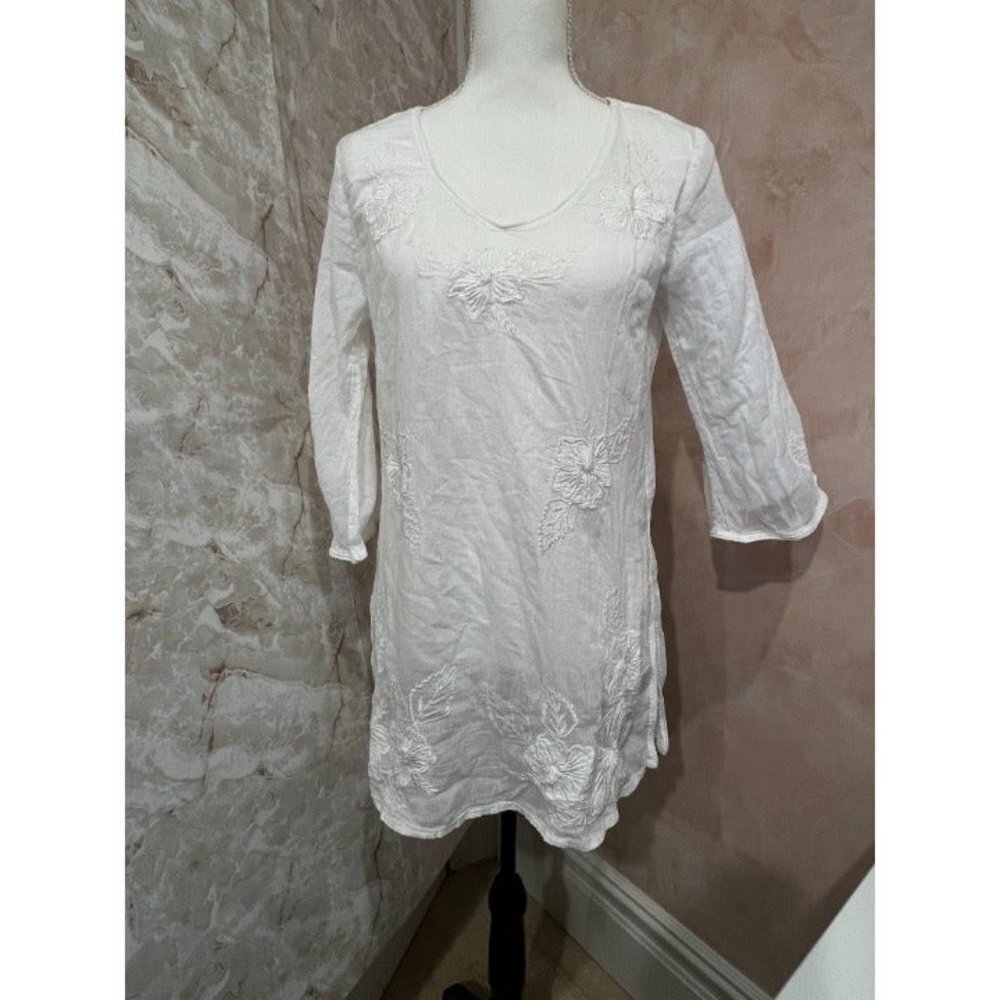 Peppermint Bay cotton‎ 3/4 sleeve tunic embroidered white women size  M